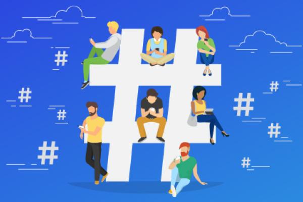 Visual depicting an illustration with people checking their smartphones around a big hashtag